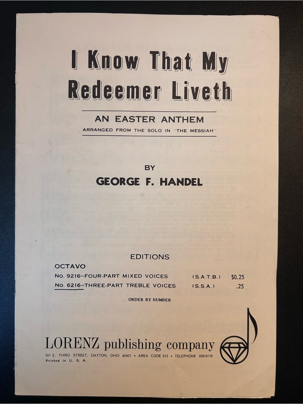 I Know That My Redeemer Liveth 3 Part Treble Arranged From The Messiah G. Handel